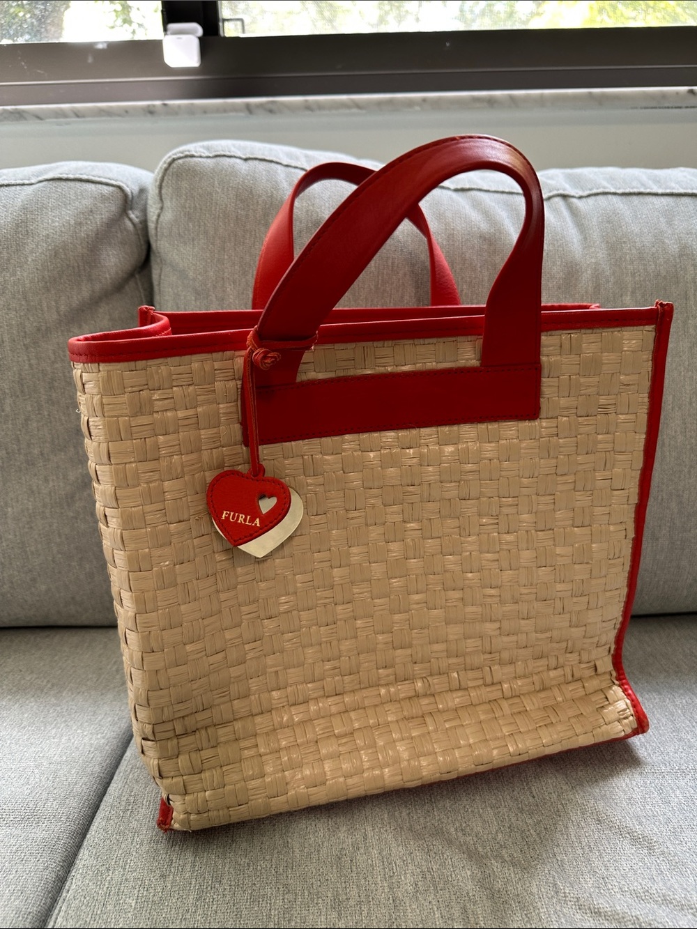Furla Natural Woven Tote with Red Accents